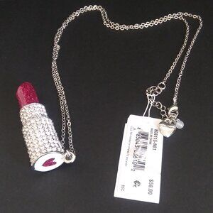 Betsey Johnson Pink Lipstick Bling Silver Metal Link Pendant Chain